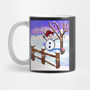 Snowman wearing winter hat  in tranquil winter scenery Mug